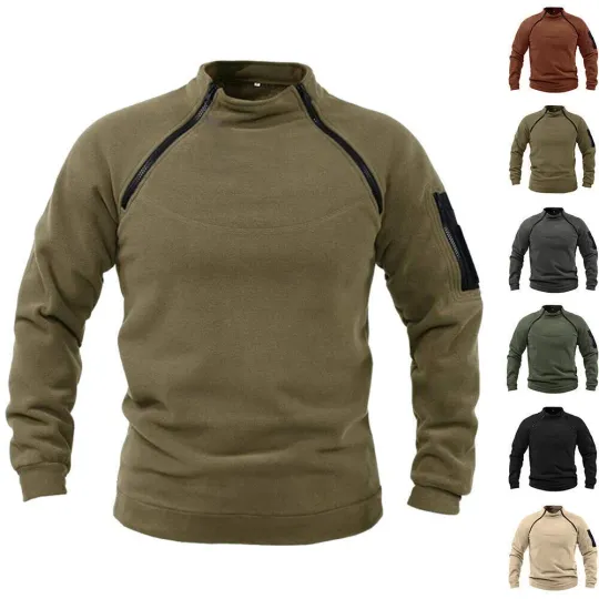 Discover Men Zip Fleece Jumper Tactical Army Military Sweatshirt Combat T-Shirt Tops Coat