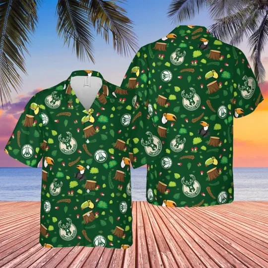 Discover Milwaukee Team Hawaiian Shirt, forest-themed pattern, primary logo NBA Team