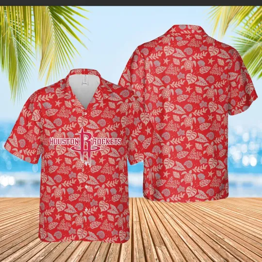 Houston Team Rockets Hawaiian Shirt, light red and white tropical element