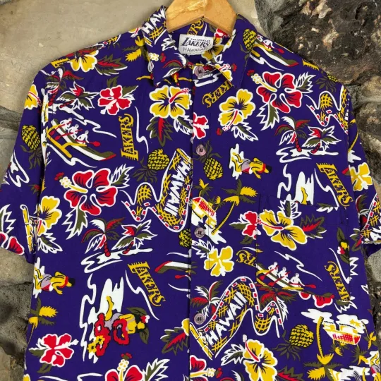 Discover Vintage 90s Los Angeles Lakers Hawaiian Shirt Medium Purple Floral USA Made NBA