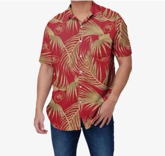 Discover football Team Tropical Shirt San Francisco SF 49ers Hawaiian Style Red Gold LARGE
