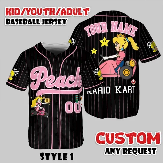 Personalized Princess Peach Baseball Jersey, Custom Name Shirt, Video Game Kids Jersey