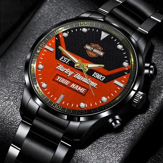 Discover Personalized Harley Racing Davidsonn Motor Men Black Stainless Steel Watch Gift