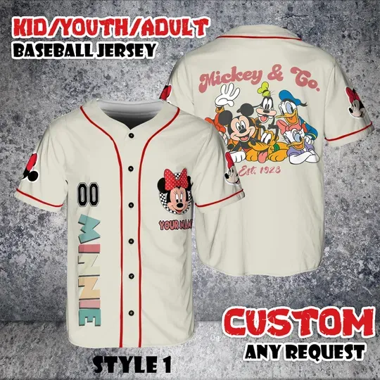 Discover Custom Minnie Mouse Baseball Jersey, Mickey & Co 1928 Shirt, Disney Cartoon For Kids Adult