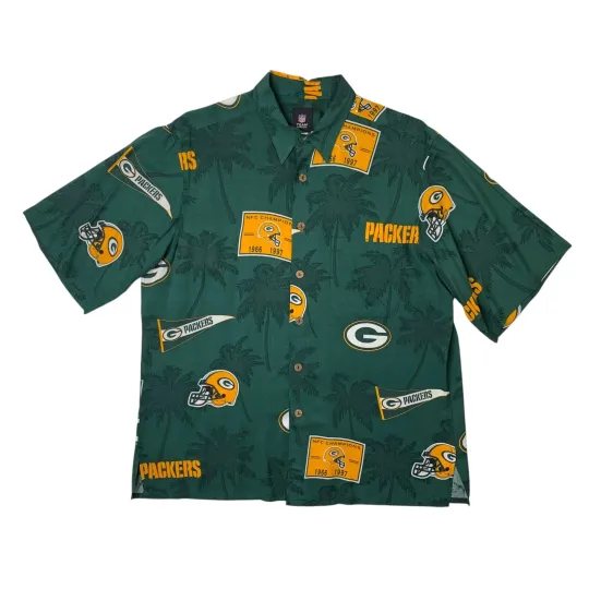 Green Bay Packers Shirt Mens L Large Green Hawaiian Style football Team Apparel Camp