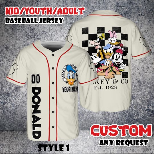 Discover Custom Donald Duck Baseball Jersey, Mickey & Co 1928 Shirt, Disney Cartoon For Kids Adult
