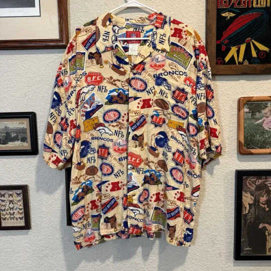 Discover Vintage 00s Denver Broncos football Team Hawaiian Button Up Multiple Logo Men’s 2XL