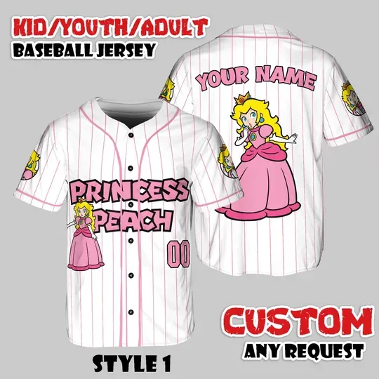 Personalized Princess Peach Baseball Jersey, Custom Name Shirt, Video Game Kids Jersey
