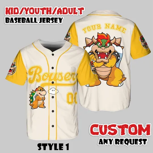 Custom Bowser Baseball Jersey, Game Villain Shirt