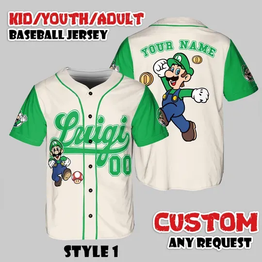 Custom Luigi Baseball Jersey, Nintendo Super Mario Shirt