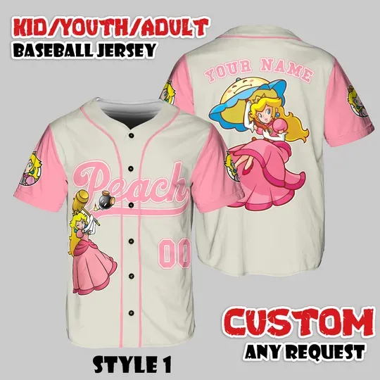 Personalized Princess Peach Baseball Jersey, Custom Name Shirt, Video Game Kids Jersey