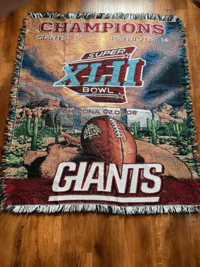 Vintage Super Bowl NY Giants Vs NE Patriots Football Woven Blanket 54” X 45”