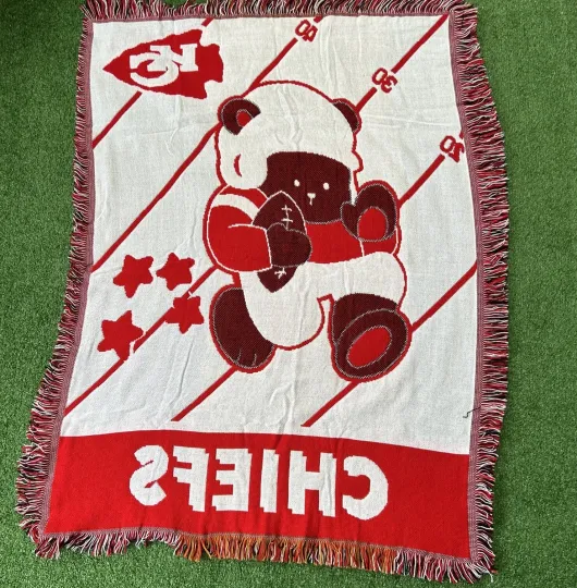 Discover KC vintage knit Woven baby blanket teddy bear football