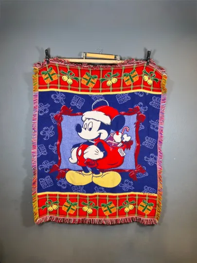 Discover 42"/53" vintage Disney Mickey Mouse Santa Claus Woven  Blanket Christmas Kilim