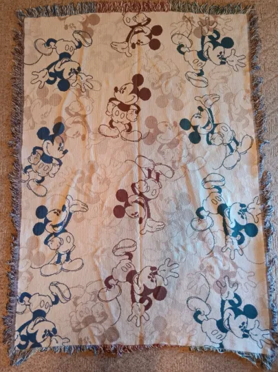 Discover Classic Mickey Mouse Disney Parks Fringed Woven Tapestry Throw Blanket 60x42 Tan