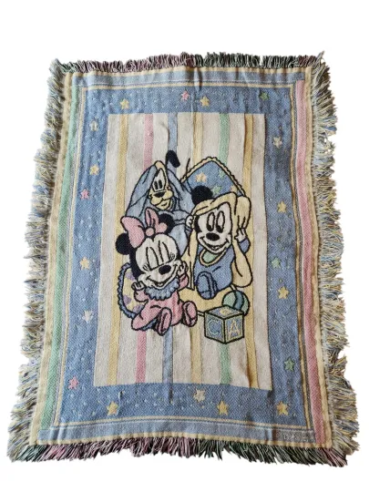 Discover Disney Woven Fringed Baby Pluto Mickey & Minnie Mouse Blanket Tapestry 32 X 46