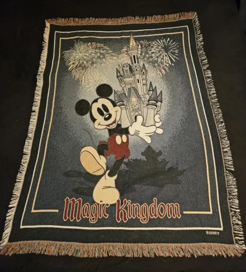 Discover Disney Magic Kingdom Woven Tapestry Throw Blanket Mickey Mouse Castle Fireworks.