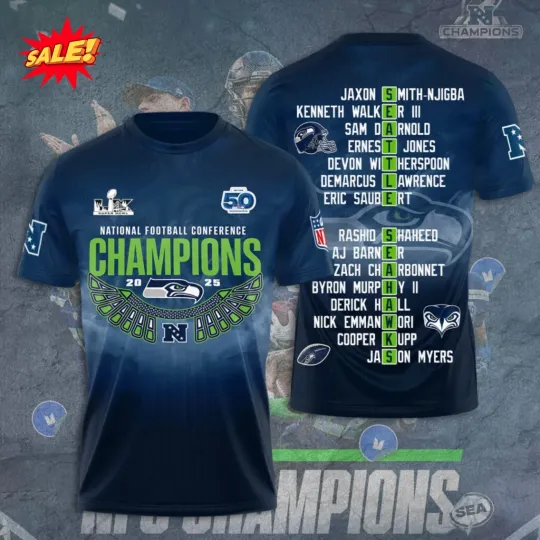 Discover Seatle Seahawk 2025 NFC Champions 3D Shirt S-5XL
