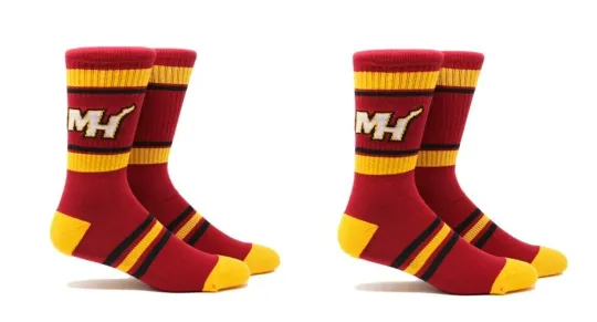 Discover 2 Pairs Miami Heat NBA Large Men Socks Fits 6-12 Maroon Gold Crew Los Bam D Wade