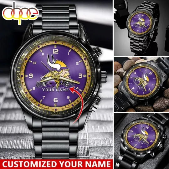 Discover Minnesota Football Team Vikingss Black Stainless Steel Watch, Gift For Fans