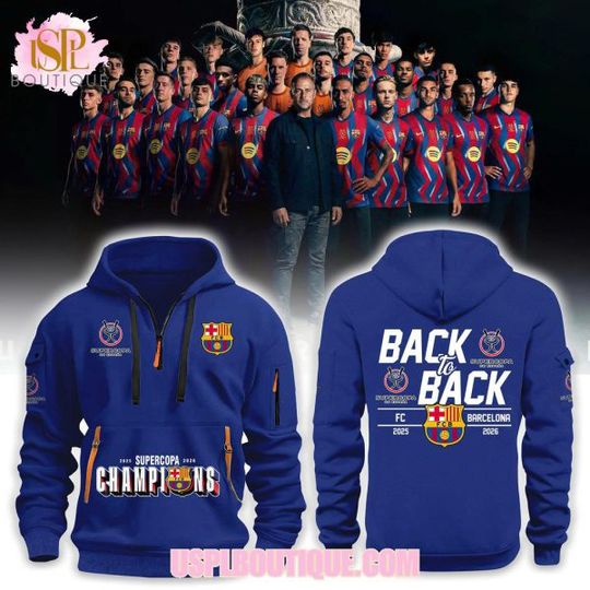Discover FC-B@rcelona Back To Back Supercopa 2026 Blue Quarter Zip Hoodie