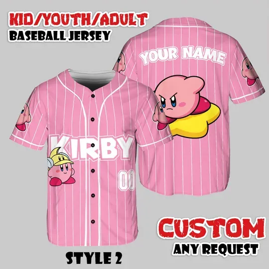 Personalized Kirby Baseball Jersey, Anime Game Striped Shirt, Custom Name Gamer Tee