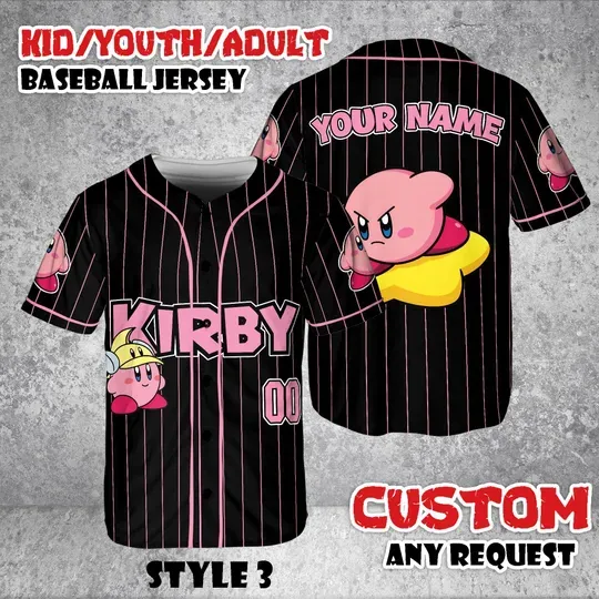 Personalized Kirby Baseball Jersey, Anime Game Striped Shirt, Custom Name Gamer Tee