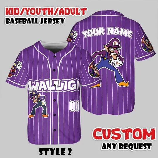 Custom Waluigi Baseball Jersey, Nintendo Super Mario Game Shirt