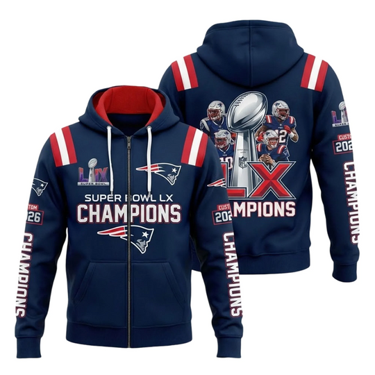 Discover 2026 Patriots Super Bowl LX Champions Zip Hoodie
