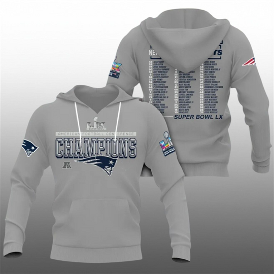 Discover 2026 NE Patriots American Football Conference Champions Bowl LX Players Hoodie