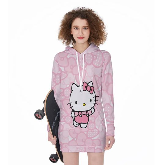 Japan Anime Hoodies Dresses Women Sweatshirts Hello Kitty Print Autumn Long Pocket Print Sweatshirts Tops Casual Ladies Pullover