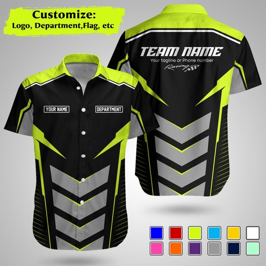 Discover Custom Racing Hawaiian Shirt with Logo & Text, Personalized Team Hawaii Shirt, Motorsport Uniform, Custom Name Department Shirt