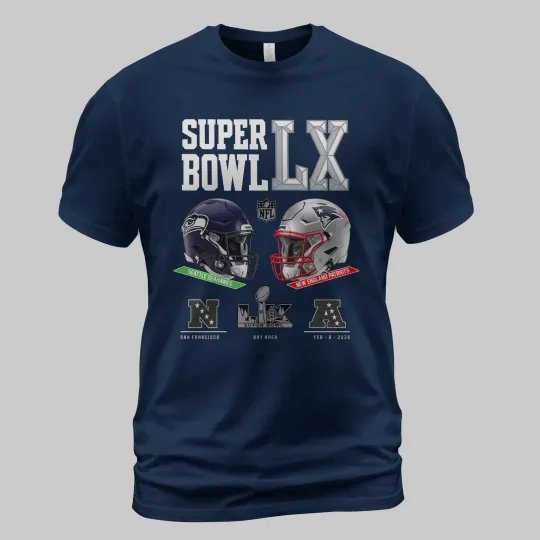 Discover 2026 Seahawks & Patriots Super Bowl LX Matchup Final T-Shirt
