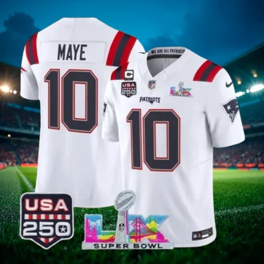Discover Drake Maye #10 Patriots White Super Bowl LX 250th Jersey