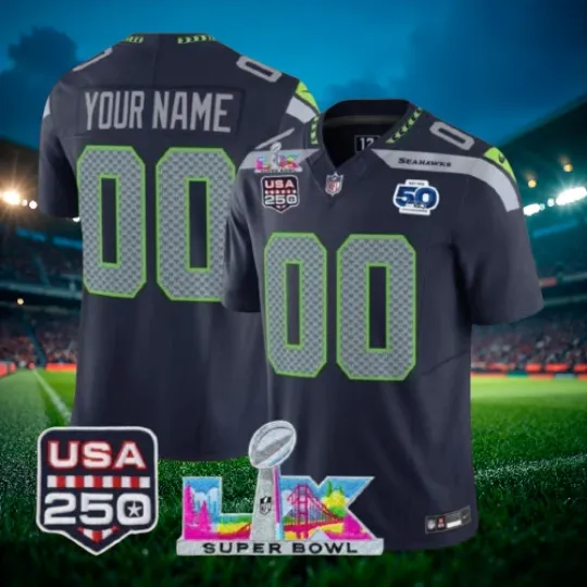 Discover Custom Seahawks College Navy Super Bowl LX 250th Patch Jersey