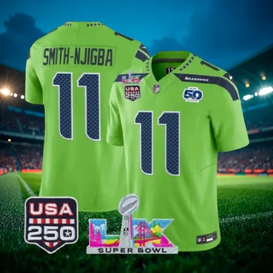 Discover Smith-Njigba #11 Seahawks Green Super Bowl LX 250th Jersey