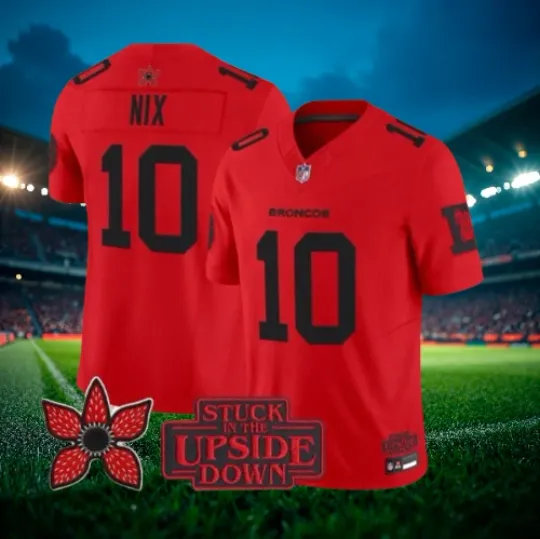 Discover Bo Nix #10 Broncos Red 2025 Stranger Things Throwback Jersey