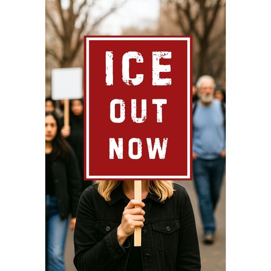 Discover ICE Out Now Protest Sign: Renee Nicole Good, Alex Pretti, Minneapolis Protest Sign. Anti-ICE Anti-Trump Political Protest Poster
