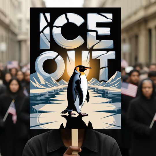 Discover ICE OUT Penguin Protest Sign  Bold Anti ICE Activist Poster