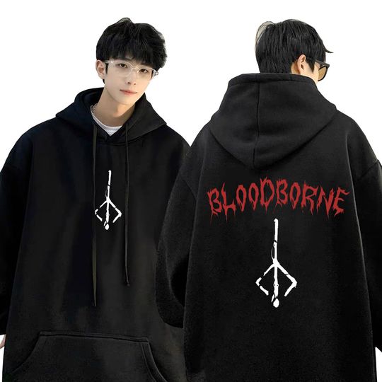 Discover Hot Sale Game Bloodborne Logo Graphic Hoodie Vintage Horror Hunter Merch Sweatshirt Men Women Casual Oversized Pullover Hoodies