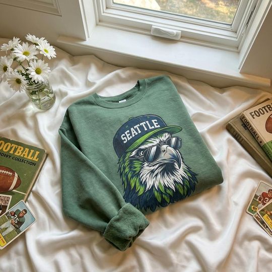 Seattle Football Hawk Graphic Sweatshirt, Emerald & Navy Game Day Shirt
