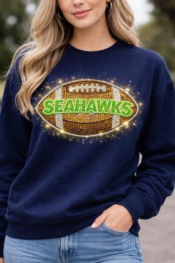 Seahawks Glitter Rhinestone Crewneck Sweatshirt | Sparkly Seahawks Game Day Sweatshirt