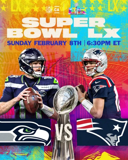 Super Bowl LX Seattle Seahawks vs New England Patriots Vertical Poster