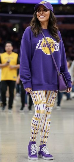 Discover Showtime Leggings ~ Women's Purple Gold White Abstract Laker's Magic LeBron Fan Basketball Sports LA Cali Soft Stretch Tight Athleisure Pant