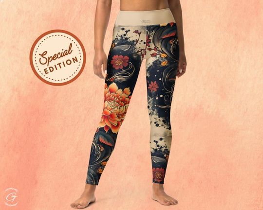 Discover Floral Japanese Wave Yoga Leggings: Boho Festival Activewear