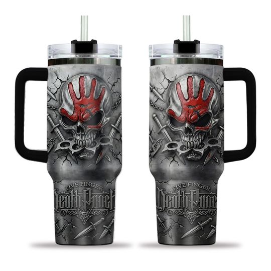 Five Finger Death Punch 40oz Tumbler With Handle FFDP Knuckle Skull Insulated Cup Heavy Metal Fan Gift Travel Mug Rock Band Merch Gear