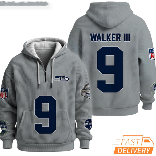 Discover Seattle Seahawks Super Bowl Run 9 Grey Quarter Zip Waffle Hoodie