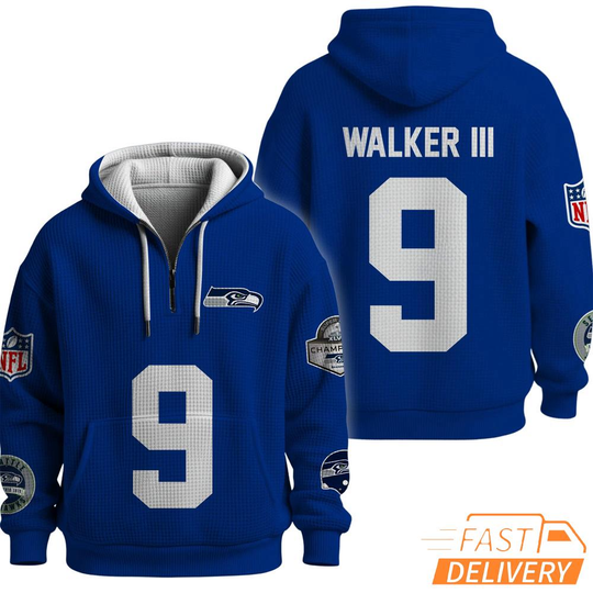 Discover Seattle Seahawks Super Bowl Run 9 Navy Quarter Zip Waffle Hoodie