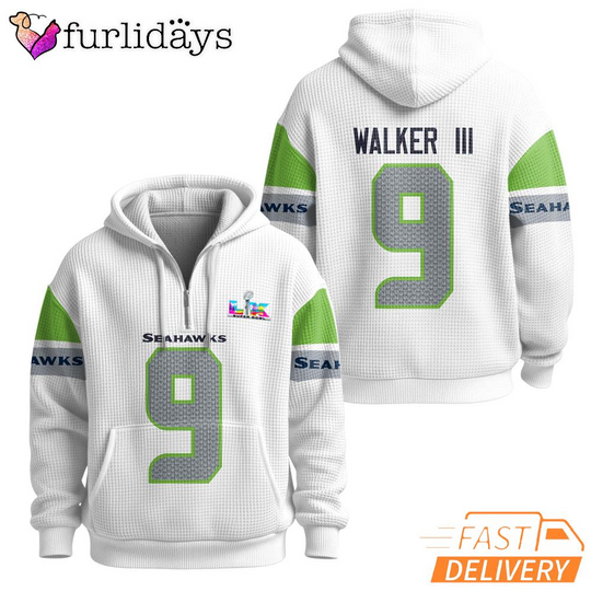 Seattle Seahawks Super Bowl Run 9 White Quarter Zip Waffle Hoodie