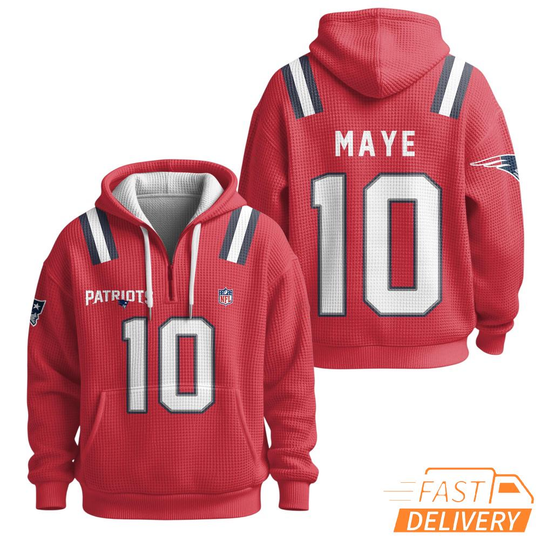 Super Bowl Drake Maye 10 New England Patriots Red Zip Hoodie